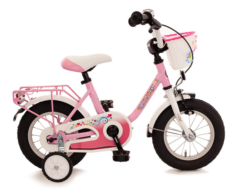 My Dream 12,5 Zoll Kinderrad mit Rücktrittbremse und VR-Kinderkorb mit Blümchen rosa Rahmenhöhe: 23 cm