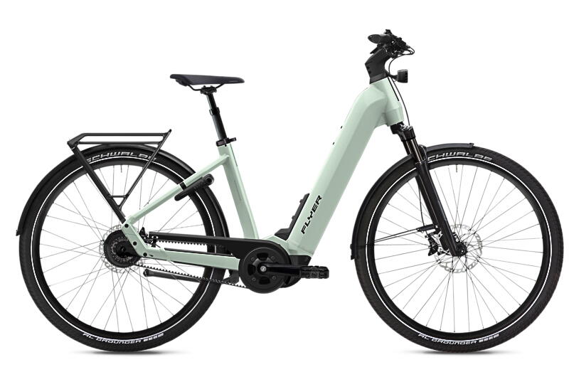 Flyer Upstreet 7.43 Trekking E-Bike 5-Gang Nexus Freilaufnabe Carbon Drive 75Nm Motor 17.5 Ah erwachsenenfahrrad 5 Gang Nabenschaltung mit Freilauf grün FIT Rahmenhöhe: M